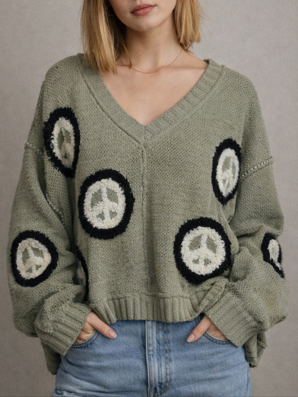 POL Olive Peace Of Mind Oversized Boho V-Neck Knit Sweater Medium Grandpacore